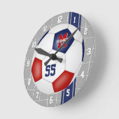 赤白青チームカラーストライプサッカー ラウンド壁時計 (傾斜)