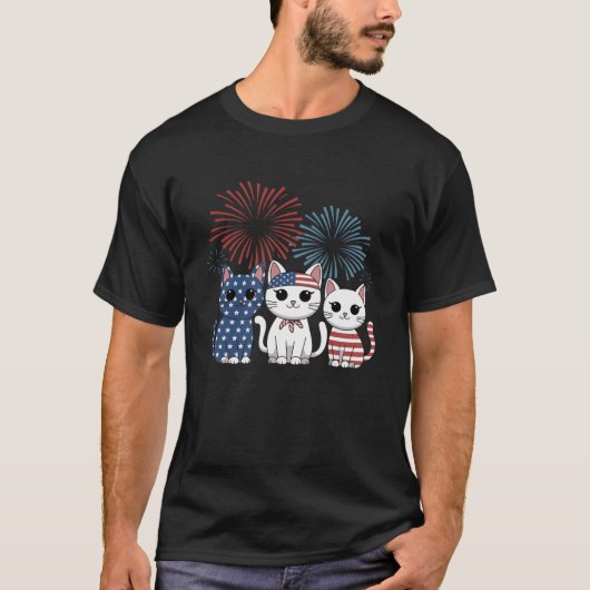 赤白青ネコUsa国旗Firework 7月Sの4日 Tシャツ (正面)