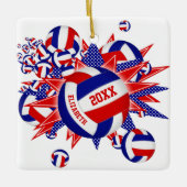 赤白青バレーボールの吹き出し女の子たち セラミックオーナメント (正面)