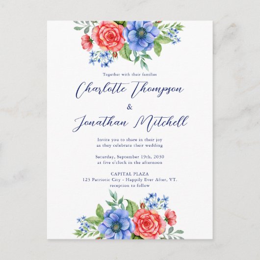 赤白青フローラ愛国的結婚式招待状 ポストカード (正面)