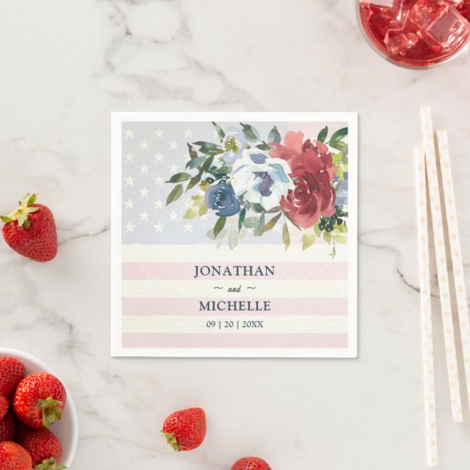 赤白青フローラ米国国旗の水色結婚の スタンダードカクテルナプキン (インサイチュ)