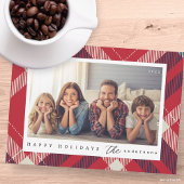 赤白青モダンプレイドのクリスマスファミリー写真 シーズンカード
