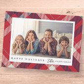 赤白青モダンプレイドのクリスマスファミリー写真 シーズンカード