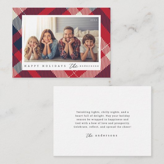 赤白青モダンプレイドのクリスマスファミリー写真 ノートカード (正面/裏面)