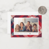 赤白青モダンプレイドのクリスマスファミリー写真 ノートカード (正面/裏面インサイチュ)