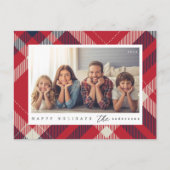 赤白青モダンプレイドのクリスマスファミリー写真 ポストカード (正面)
