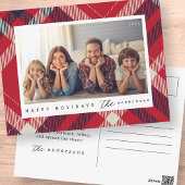 赤白青モダンプレイドのクリスマスファミリー写真 ポストカード