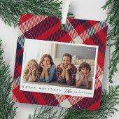 赤白青モダンプレイドのクリスマスファミリー写真 メタルオーナメント