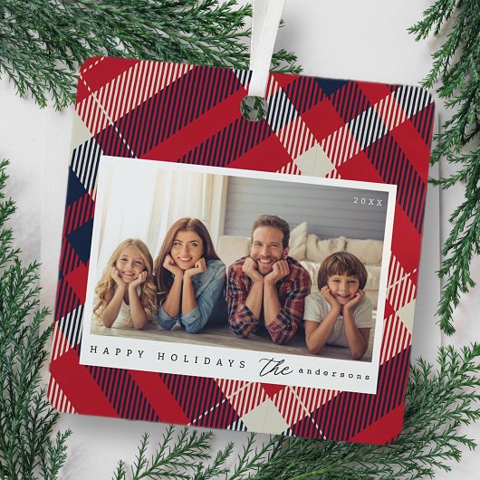 赤白青モダンプレイドのクリスマスファミリー写真 メタルオーナメント