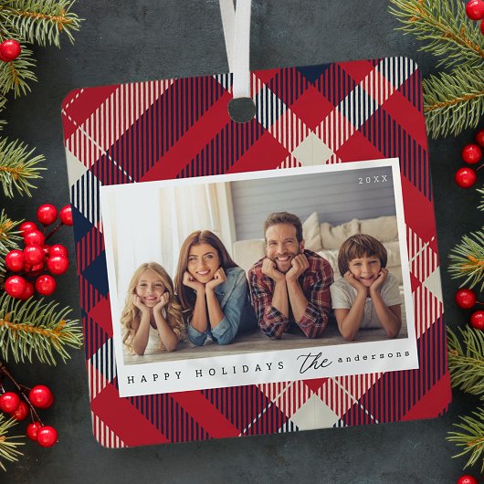 赤白青モダンプレイドのクリスマスファミリー写真 メタルオーナメント