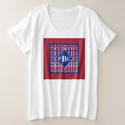 赤白青モノグラムのプレイド愛国者 プラスサイズTシャツ (デザイン正面)
