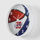 赤白青女子バスケットボールパーソナライズされた女子 壁時計 (傾斜)