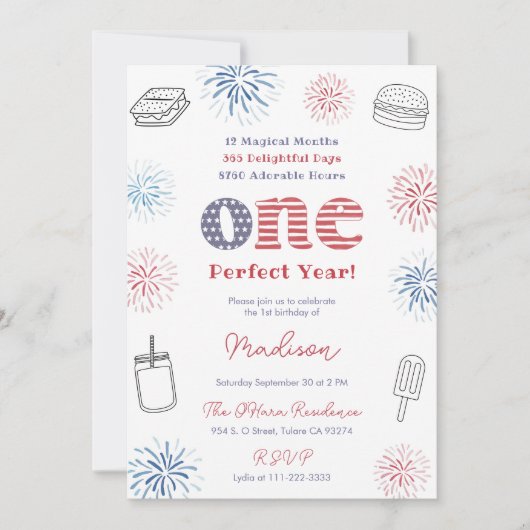 赤白青完璧な年1歳の誕生日パーティー 招待状 (正面)