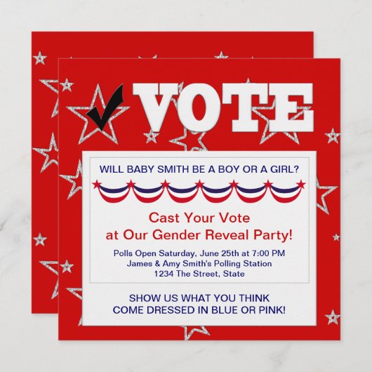 赤白青性別の表示パーティの招待状 招待状 (正面/裏面)