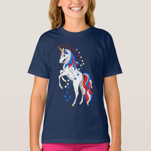 赤白青愛国アメリカユニコーンTシャツ Tシャツ (正面)