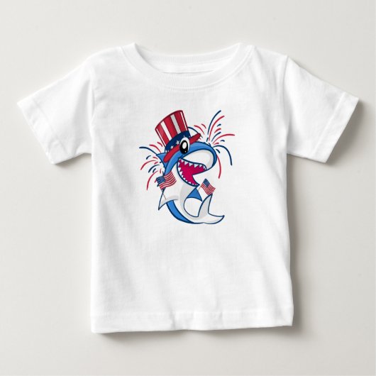 赤白青愛国シャーク7月4日 ベビーTシャツ (正面)
