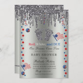 赤白青愛国銀グリッターベビー足 招待状 (正面/裏面)