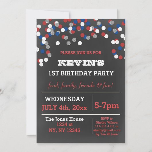 赤白青紙吹雪メモリアルデー誕生日 招待状 (正面)