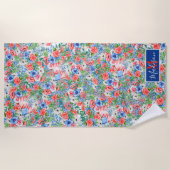 赤白青花モノグラム名7月4日 ビーチタオル (正面)