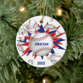 赤白青野球のソフトボール吹き出しの少年 セラミックオーナメント