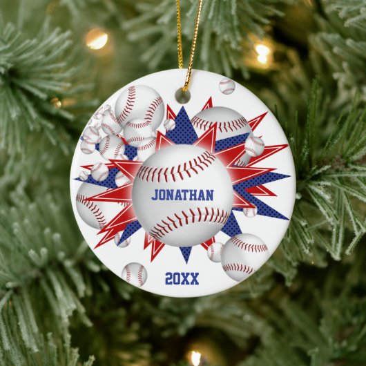 赤白青野球のソフトボール吹き出しの少年 セラミックオーナメント (ツリー)