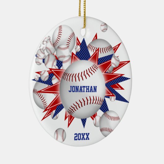 赤白青野球のソフトボール吹き出しの少年 セラミックオーナメント (右)