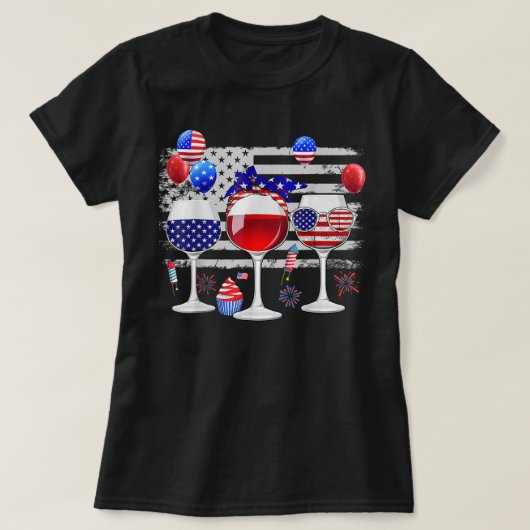 赤白青3ワイングラス米国国旗4t tシャツ (デザイン正面)
