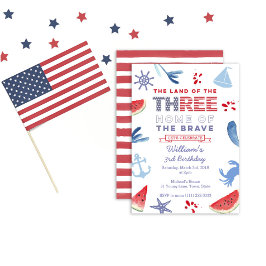 赤白青3歳の誕生日の海岸線パーティー 招待状