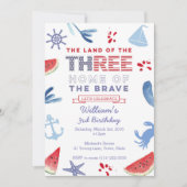 赤白青3歳の誕生日の海岸線パーティー 招待状 (正面)