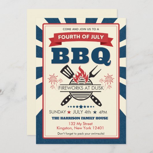 赤白青7月4日パーティーBBQお祝い 招待状 (正面/裏面)