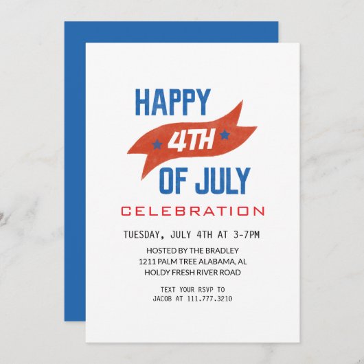 赤白青7月4日独立記念日 招待状 (正面/裏面)