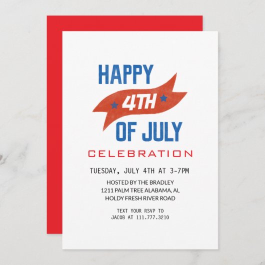 赤白青7月4日独立記念日 招待状 (正面/裏面)