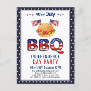 赤白青7月4日BBQパーティの招待状 ポストカード