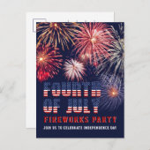 赤白青7月4日Fireworksパーティー インビテーションポストカード (正面/裏面)