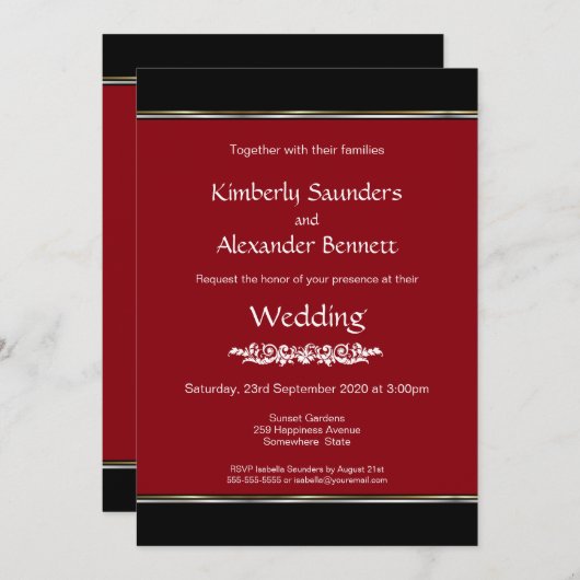 赤白黒と金ゴールドシルバーストライプ結婚ズ 招待状 (正面/裏面)