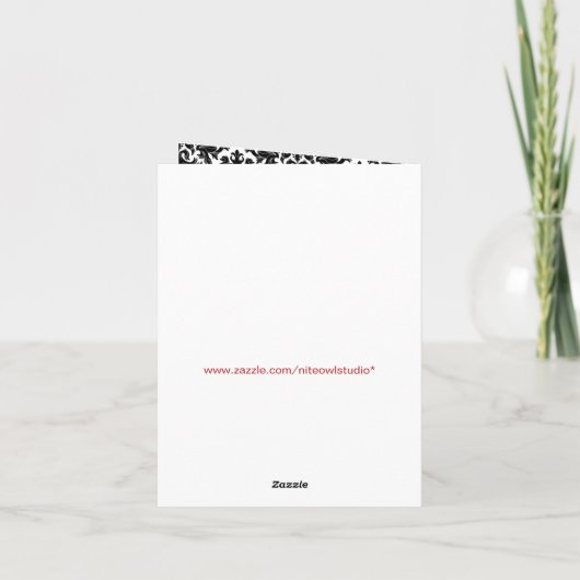 赤白黒のダマスク柄、ハートの感謝カード サンキューカード (裏面)