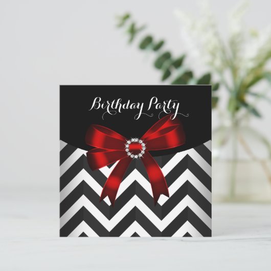 赤白黒シェブロンストライプ誕生日パーティー(3) 招待状 (スタンド正面)