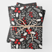 赤白黒ヒイラギの実ヤドリギのクリスマス ラッピングペーパーシート (インサイチュ)