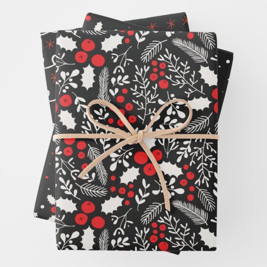 赤白黒ヒイラギの実ヤドリギのクリスマス ラッピングペーパーシート (インサイチュ)