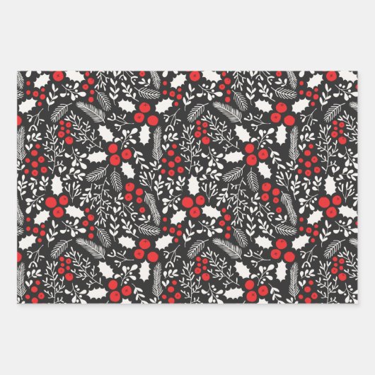 赤白黒ヒイラギの実ヤドリギのクリスマス ラッピングペーパーシート (正面)