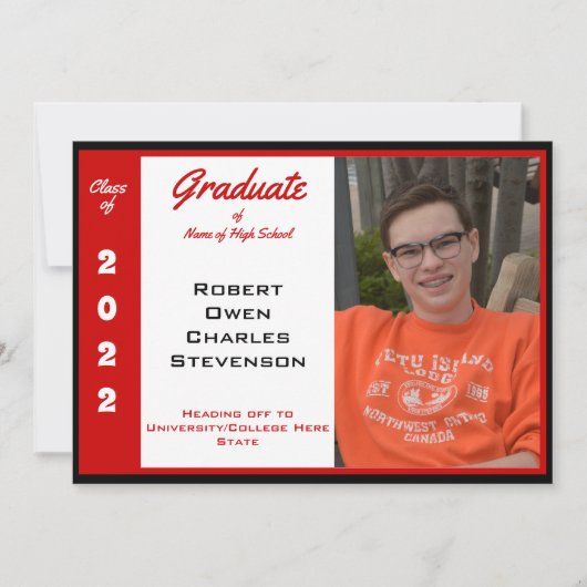 赤白黒写真卒業発表 招待状 (正面)