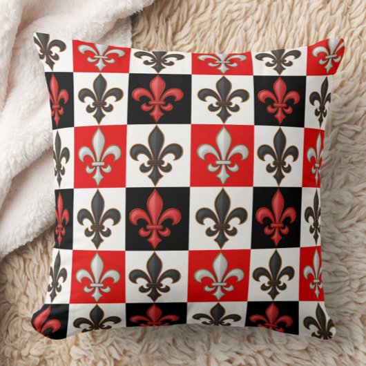 赤白黒市松模様にフルーアデリスデザイン クッション