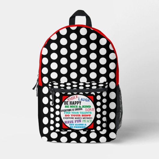 赤白黒水玉模様 やる気を起こさせる プリントバックパック (正面)