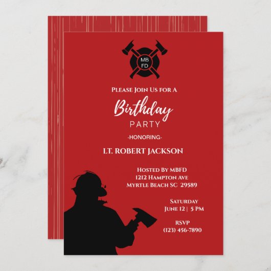 赤白黒消防士誕生日パーティー 招待状 (正面/裏面)