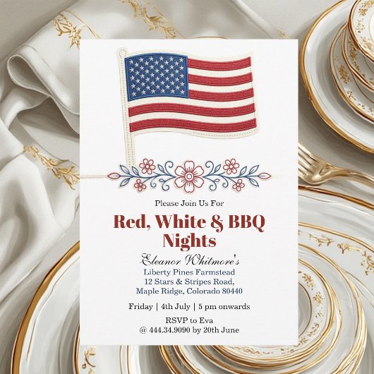 赤白BBQナイトのアメリカ国旗フラワーモチーフ 7月4日 招待状