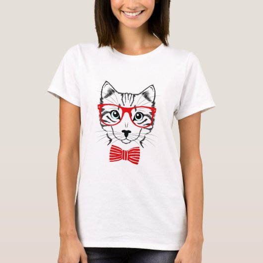 赤眼鏡付きヒップスター猫 Tシャツ (正面)