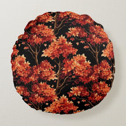 赤秋メープルツリーシームレスパターングラフィック ラウンドクッション (正面)