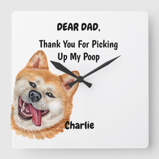 赤秋田おもしろい犬パパ水彩犬アート スクエア壁時計 (正面)