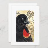  – 赤空白の翼の黒い鳥の水色 サンキューカード (正面/裏面)