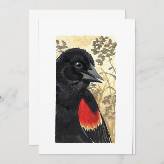  – 赤空白の翼の黒い鳥の水色 サンキューカード (正面/裏面)